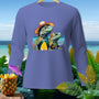 Long sleeve t-shirt with graphic of two iguanas and a surfboard on a beach.