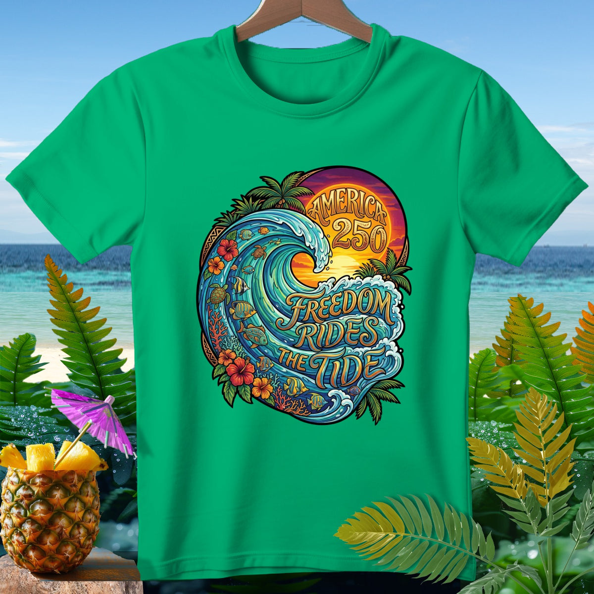 Green t-shirt with "America 250 Freedom Rides the Tide" wave graphic.