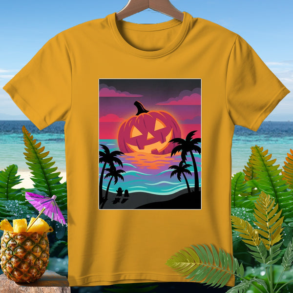 Yellow t-shirt with graphic of a jack-o'-lantern on a beach at sunset.