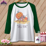 Hermit crab with pumpkin and candy corn, text reads 
