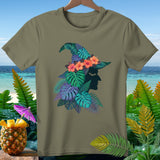 Olive green t-shirt with tropical witch silhouette and hibiscus flowers.