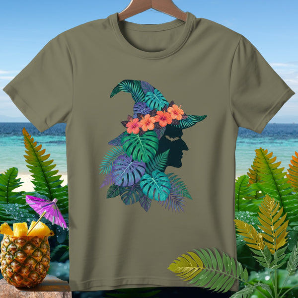 Olive green t-shirt with tropical witch silhouette and hibiscus flowers.