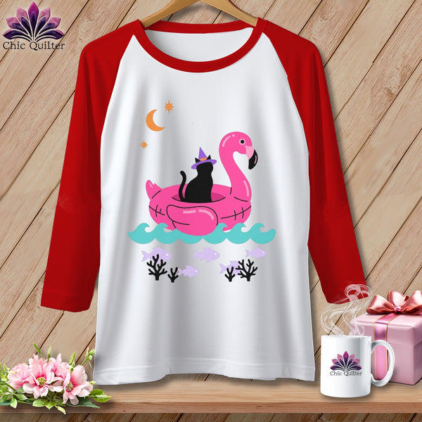 Red and white baseball tee with a black cat on a flamingo float.