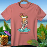 T-shirt with skeleton hand holding tropical drink with text 