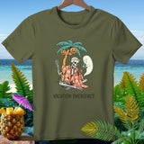 Skeleton in Hawaiian shirt under palm tree with pumpkins, with ghost, text VACATION EMERGENCY.