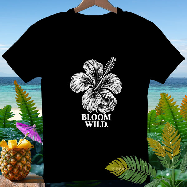 Black t-shirt with white hibiscus graphic and "BLOOM WILD." text.