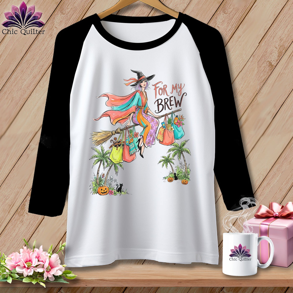 T-shirt graphic of a witch flying on a broom with shopping bags and text "For My Brew".