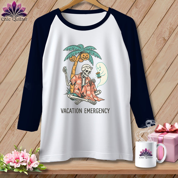 Skeleton and ghost on a beach with pumpkins, text "VACATION EMERGENCY."