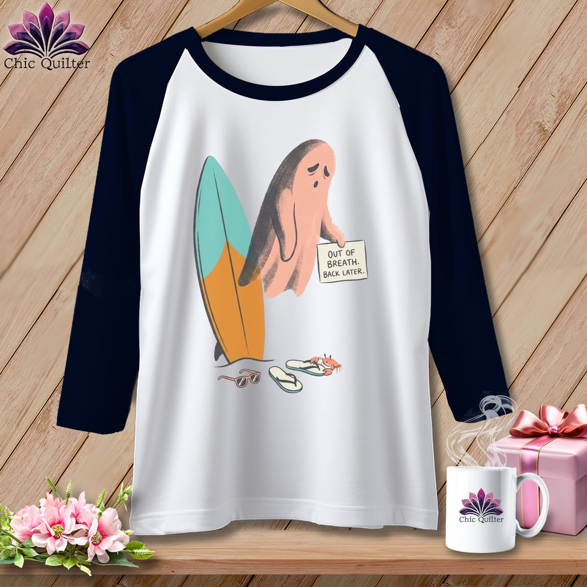 Raglan sleeve shirt with a sad ghost holding a sign saying "Out of Breath. Back Later."