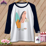 Raglan sleeve shirt with a sad ghost holding a sign saying 