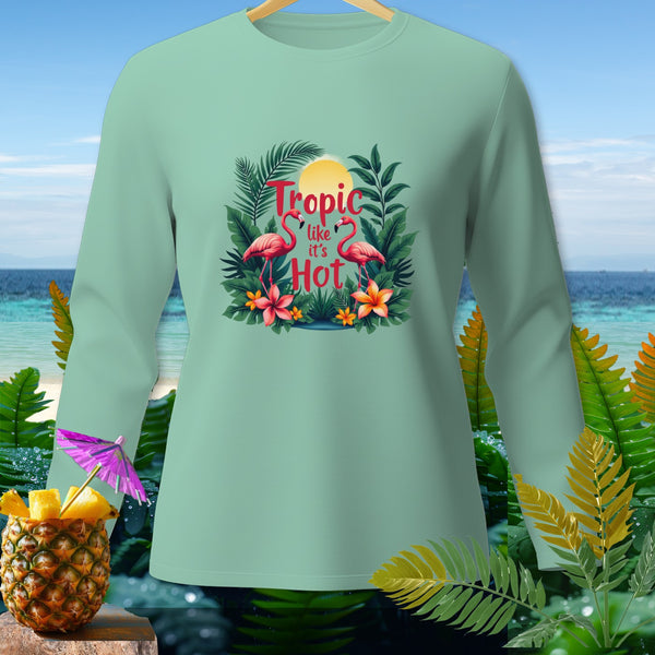 Mint green long-sleeve shirt with "Tropic like it's Hot" graphic and flamingos.