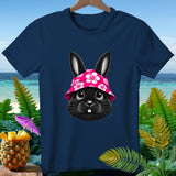 Navy t-shirt with a black bunny wearing a pink floral bucket hat.