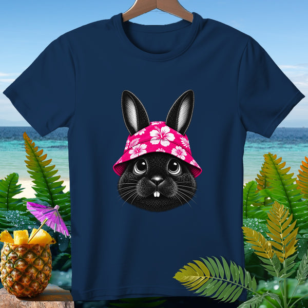 Navy t-shirt with a black bunny wearing a pink floral bucket hat.