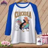 Raglan t-shirt with a cartoon rooster dressed as Dracula and three ghosts.