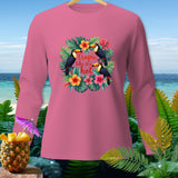Pink long-sleeve shirt with toucans, tropical flowers, and 