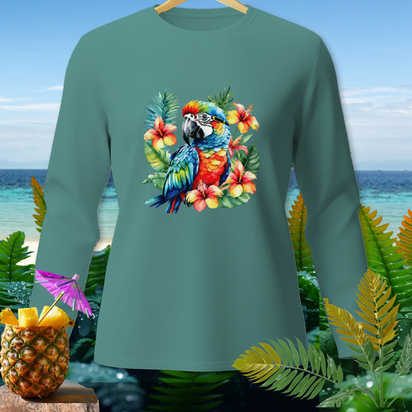 Teal long-sleeve t-shirt with a colorful watercolor illustration of a parrot and tropical flowers on the chest.