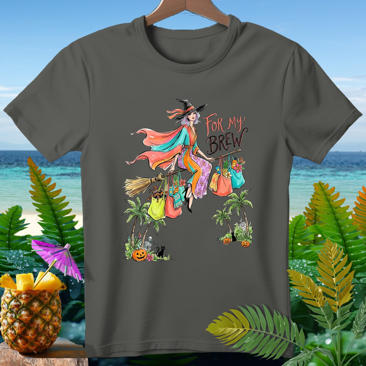 Witch flying on broom with shopping bags, "For My Brew" text.
