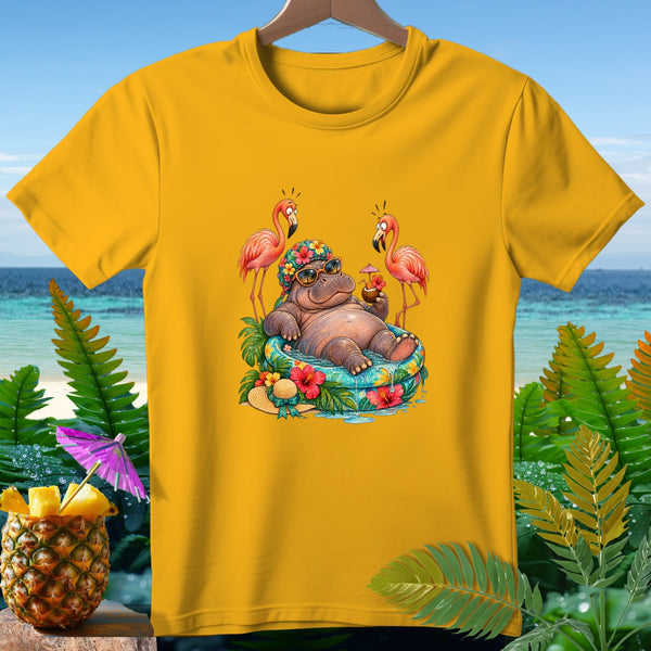 Yellow t-shirt with a graphic of a hippo relaxing with flamingos and tropical drinks.