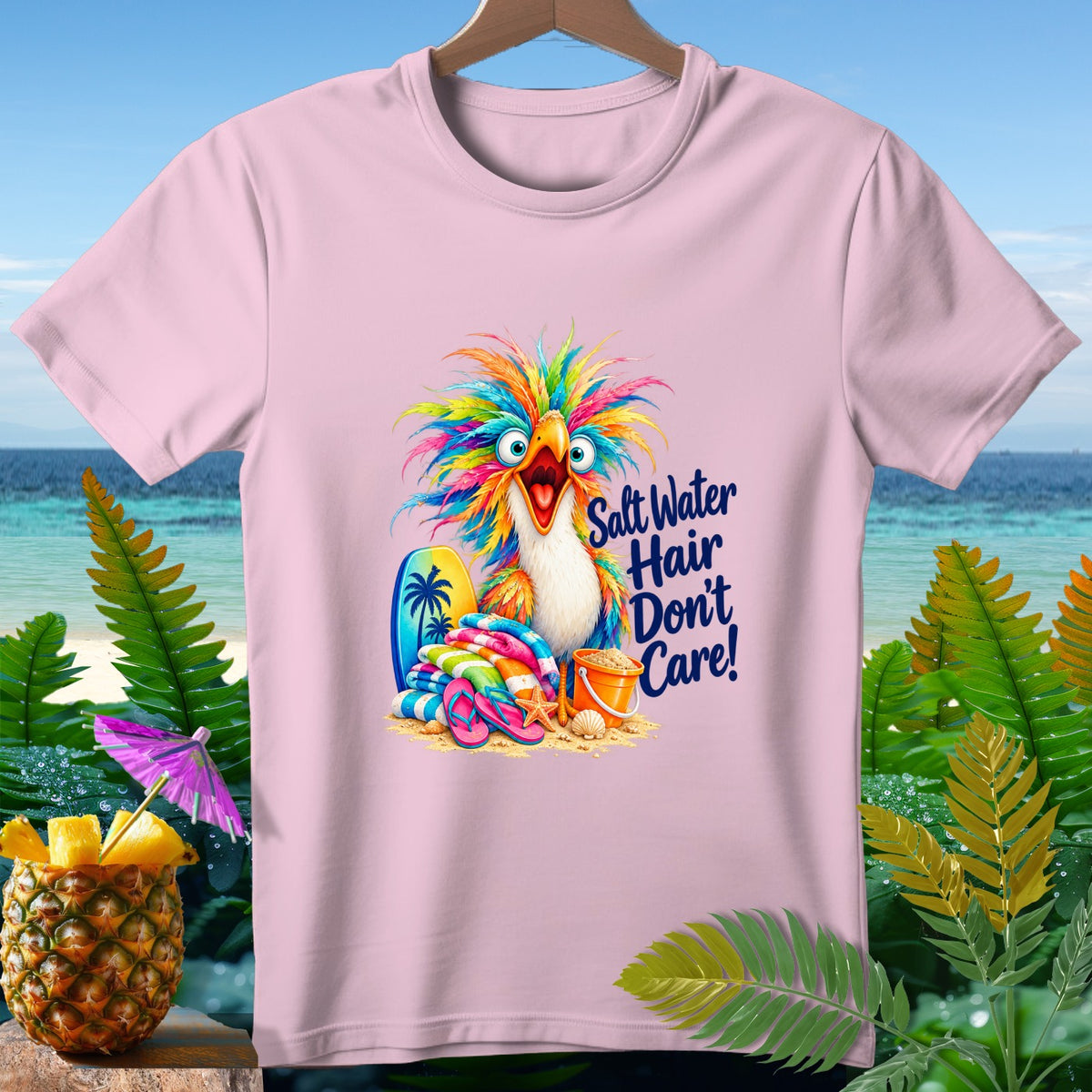 Pink t-shirt with cartoon bird and "Salt Water Hair Don't Care!" text.