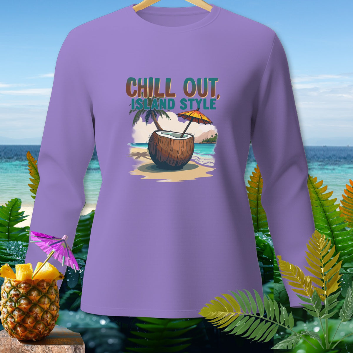 Purple long-sleeved shirt with "Chill Out Island Style" graphic of a coconut drink.