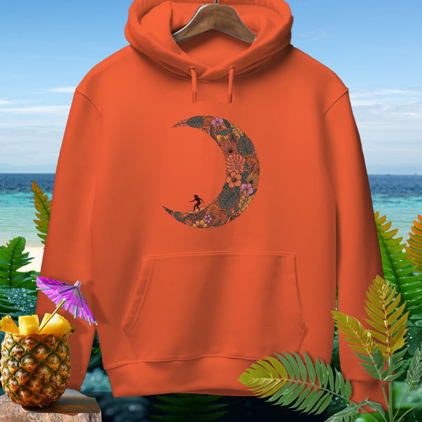 Orange hoodie with a crescent moon floral design and a surfer silhouette.
