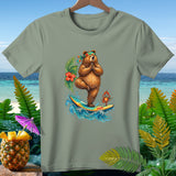 Bear in yoga pose on surfboard with crab, set against beach and tropical foliage.