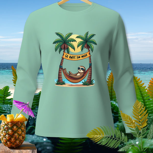 Sloth in hammock under palm trees with banner reading "GO AWAY: SUN MODE."