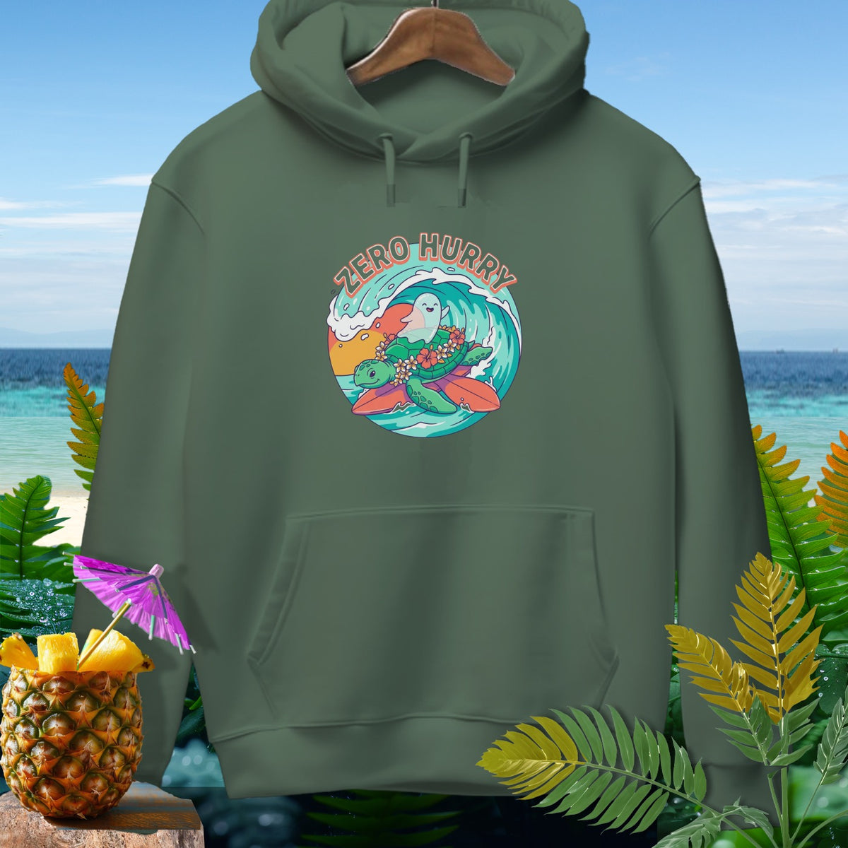 Green hoodie with a "Zero Hurry" graphic featuring a turtle surfing a wave.