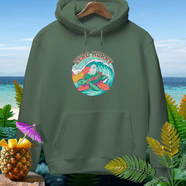 Green hoodie with a "Zero Hurry" graphic featuring a turtle surfing a wave.