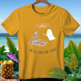 Skeleton wearing a hat on a beach with a ghost, text 