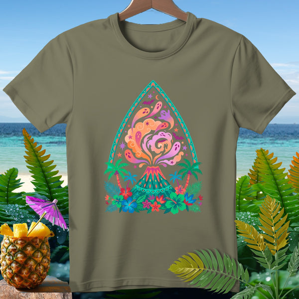 Olive green t-shirt with a colorful volcano, ghost, and tropical design.
