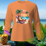 Orange long-sleeve shirt with a cartoon fox on a beach chair, text reads 