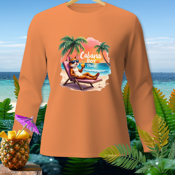 Orange long-sleeve shirt with a cartoon fox on a beach chair, text reads "Cabana Boy Please".