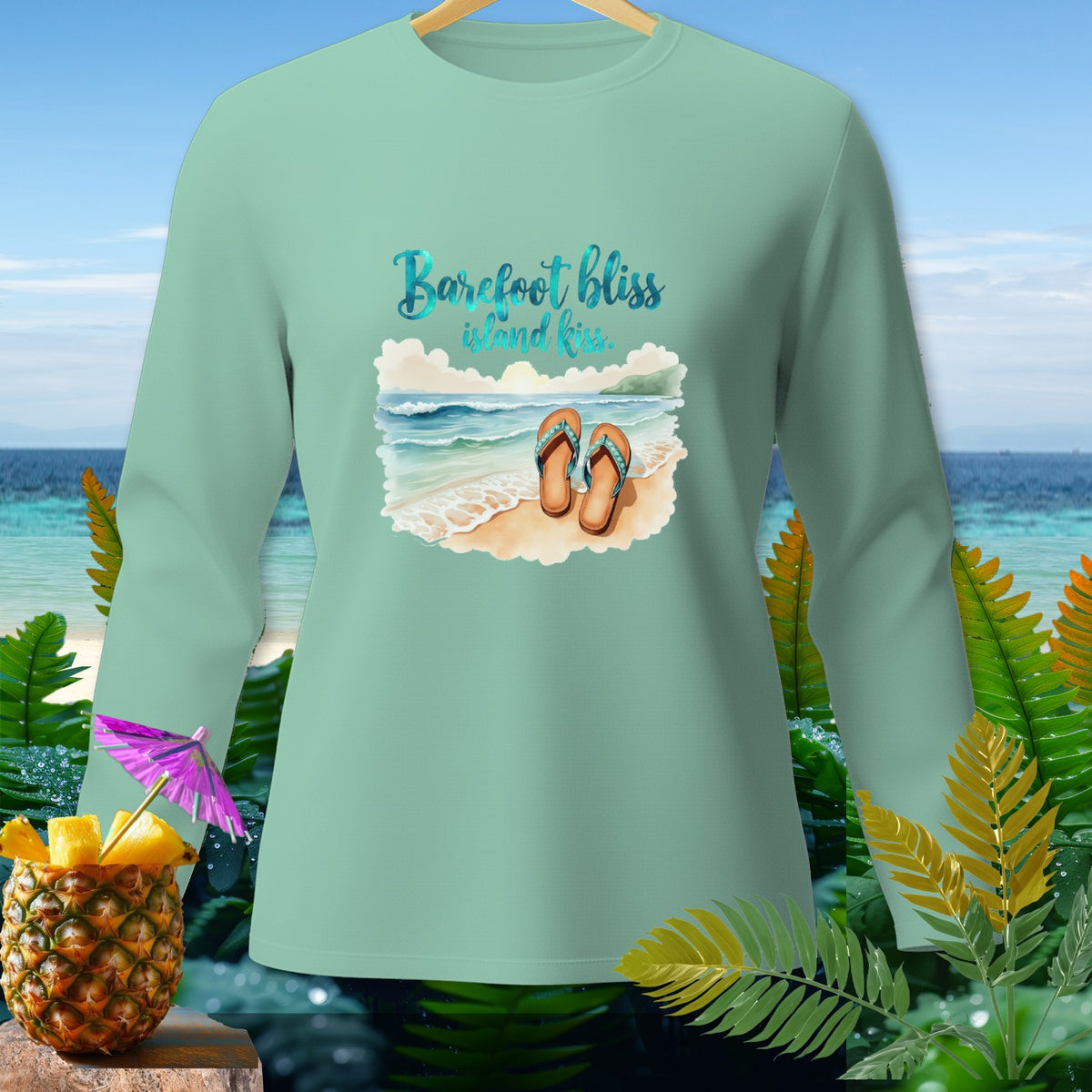 Light green long-sleeve shirt with "Barefoot bliss island kiss" and beach graphic.