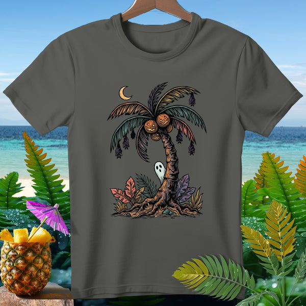 Halloween palm tree with pumpkins, bats, and ghost graphic on dark gray t-shirt.