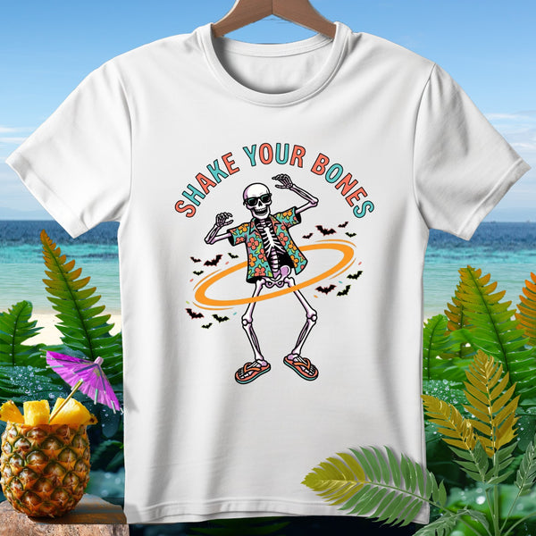 White t-shirt with a dancing skeleton graphic and the text "SHAKE YOUR BONES".