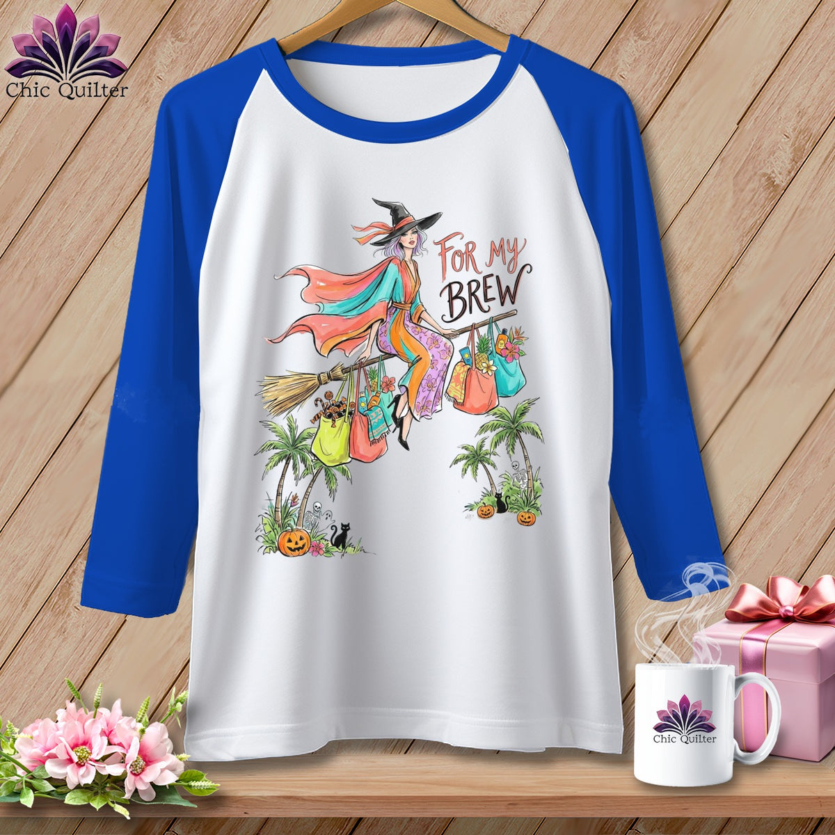 White baseball tee with witch and "For My Brew" Halloween graphic.