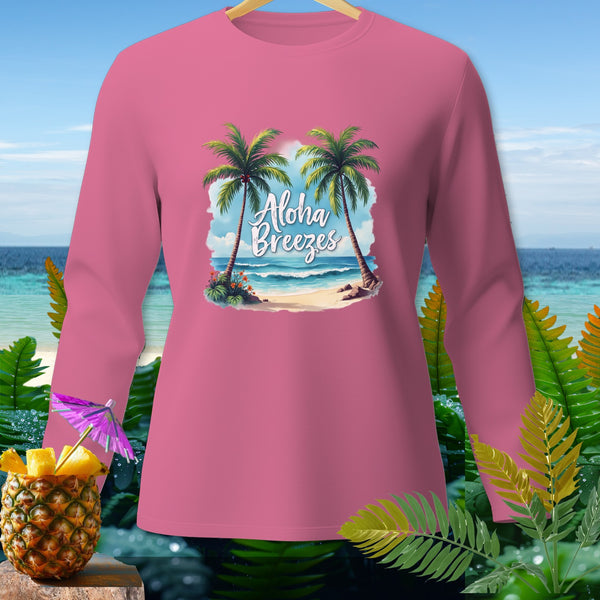 Pink long sleeve shirt with "Aloha Breezes" graphic of palm trees and beach.