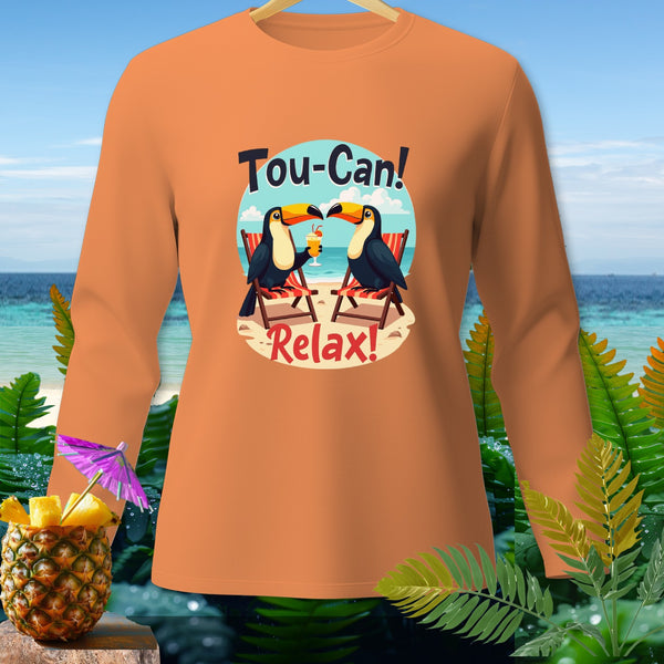 Orange long-sleeve shirt with cartoon toucans, "Tou-Can! Relax!" text, and beach scene.