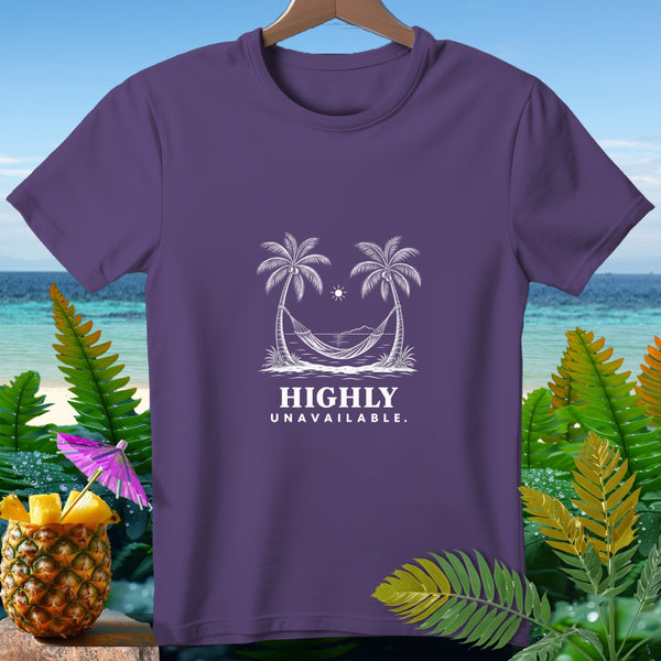 Purple t-shirt with "HIGHLY UNAVAILABLE." text and palm trees with hammock graphic.