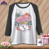 Raglan tee with ghosts on lounge chairs and 