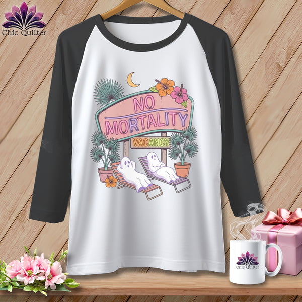 Raglan tee with ghosts on lounge chairs and "NO MORTALITY VACANCY" neon sign graphic.