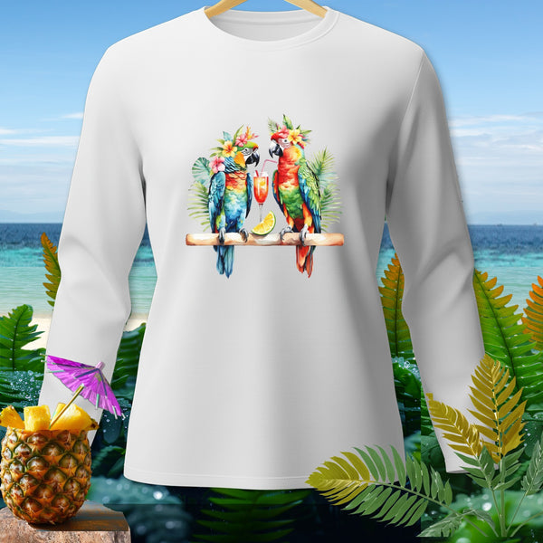 White long-sleeve shirt with two tropical parrots wearing floral crowns.