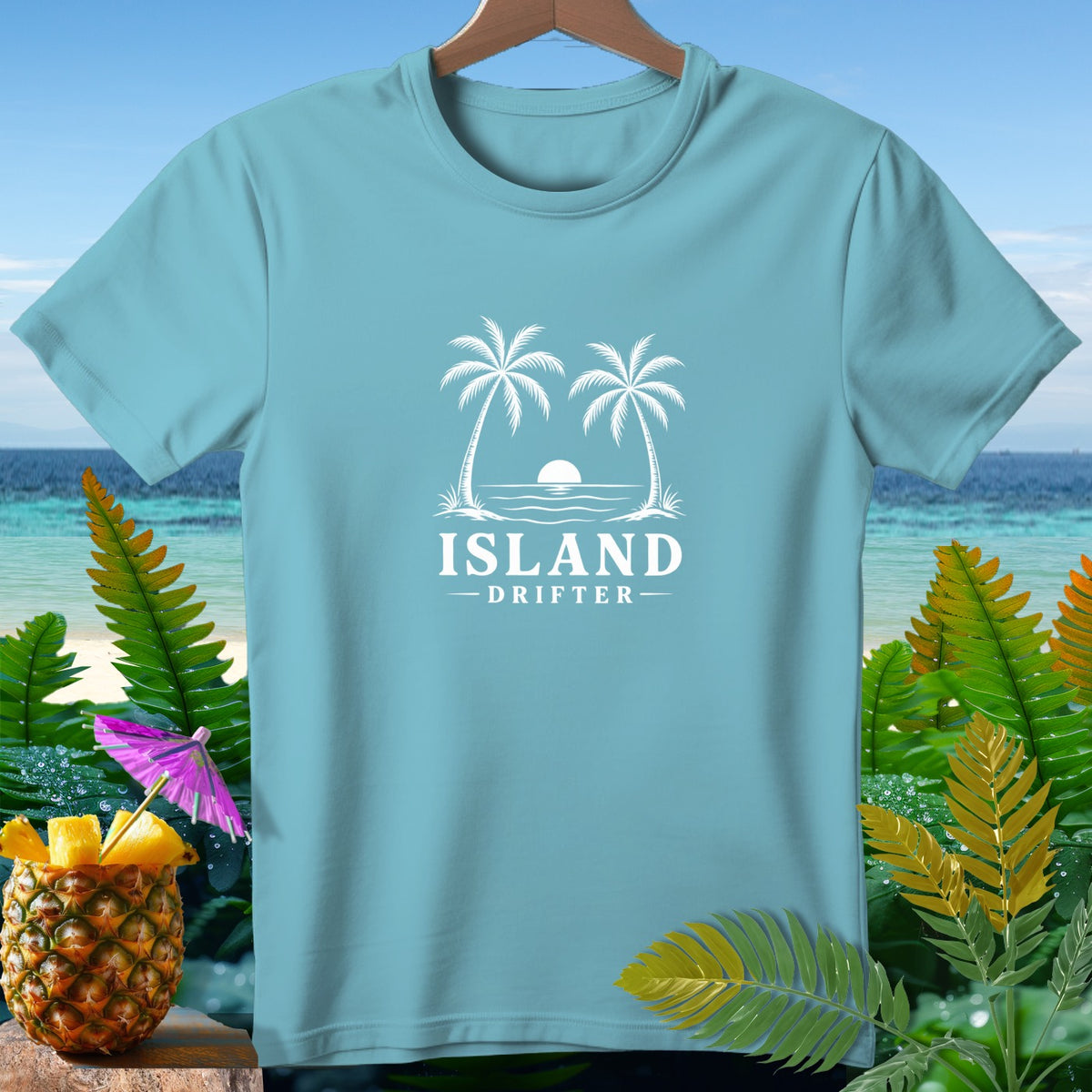Light blue t-shirt with white "Island Drifter" text and palm tree graphic.