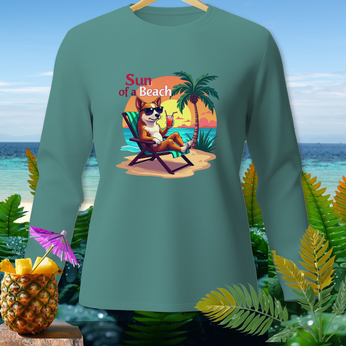 Long sleeve shirt with a corgi relaxing on a beach with the text "Sun of a Beach."