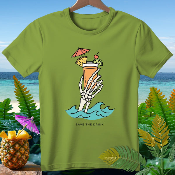 Green t-shirt with skeleton hand holding a tropical drink in waves, reads "SAVE THE DRINK".