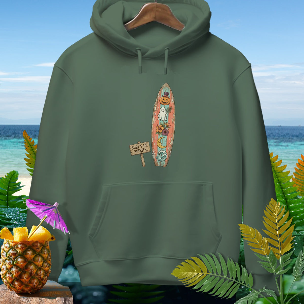 Green hoodie with a surfboard graphic featuring a pumpkin, ghost, and moon.