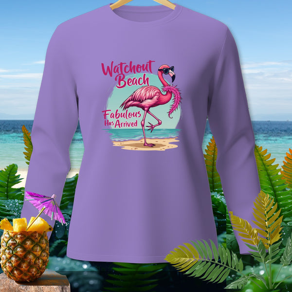 Purple long-sleeve shirt with flamingo graphic and "Watchout Beach Fabulous Has Arrived" text.