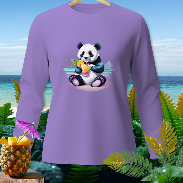 Purple long-sleeve shirt with a cartoon panda drinking a tropical beverage on a beach.
