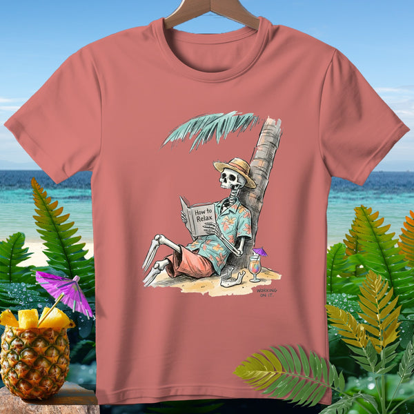 Skeleton on beach reading "How to Relax" book next to palm tree and cocktail.